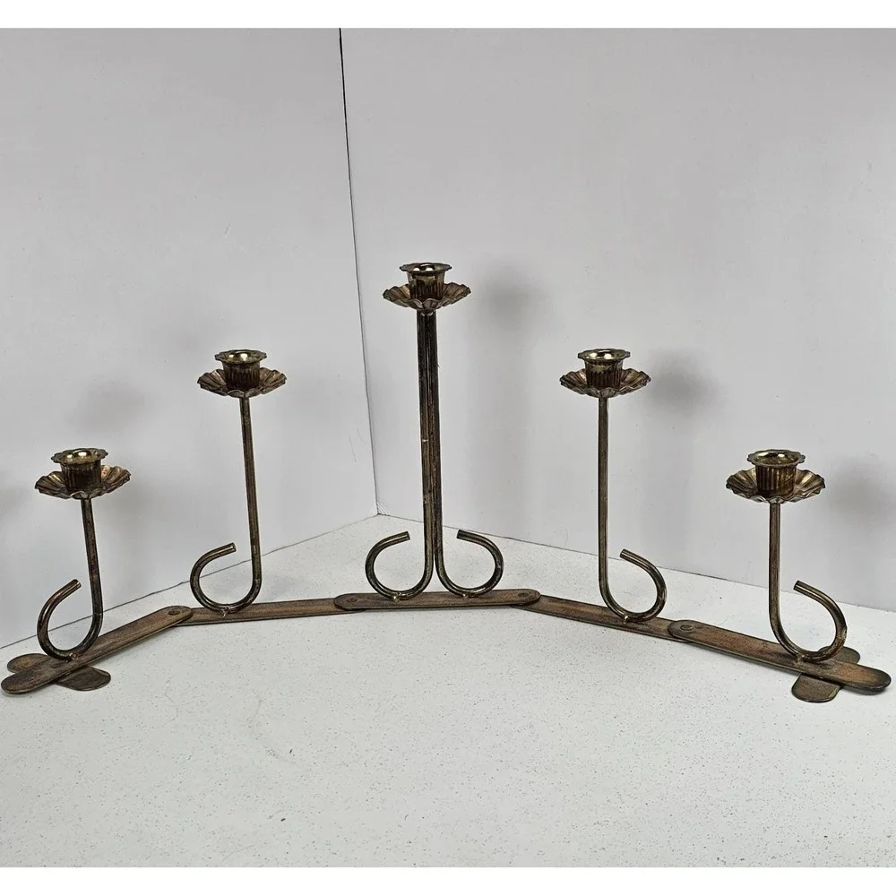 Vintage Brass Tone 5 Arm Jointed‎ Candle Holder Candelabra Mid Century Gothic